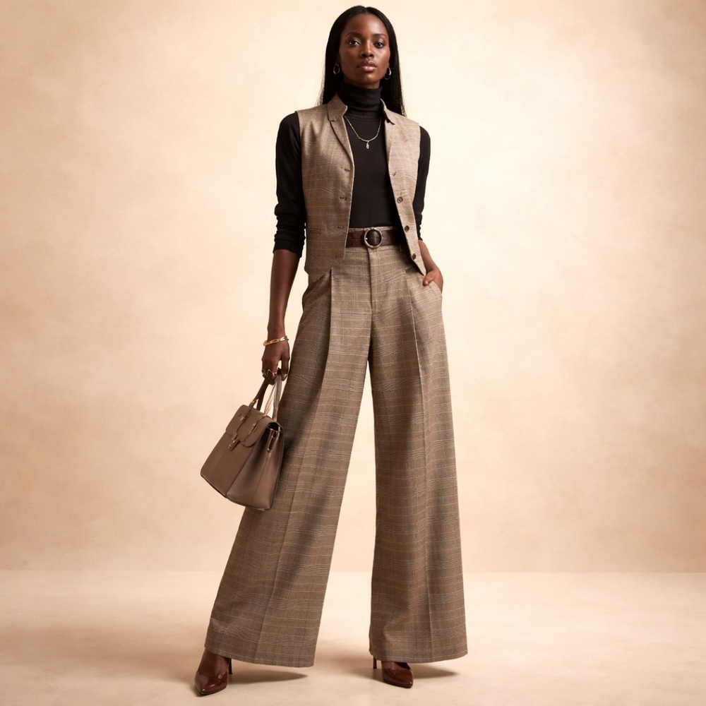 Banana Republic Wideleg Plaid Houndstooth Pleated Pant Sz-2 Academia OfficeSiren - Picture 1 of 14